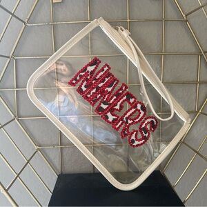 49ers|Niners Clear Clutch with Cow print and Red Rhinestones. Stadium bag